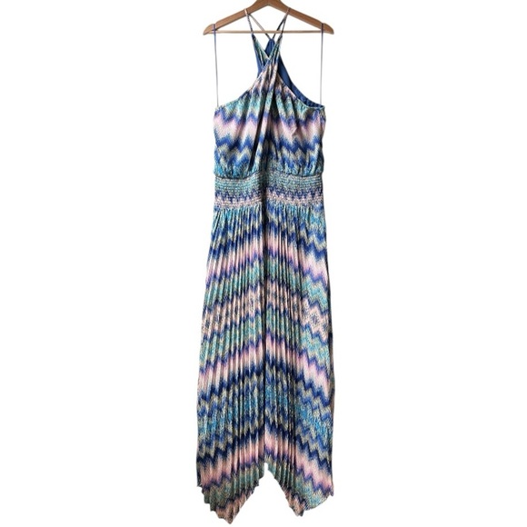 NWT Ramy Brook Giana Halter Maxi Dress Blue Pink Retro Chevron Sz XXL - Picture 9 of 16